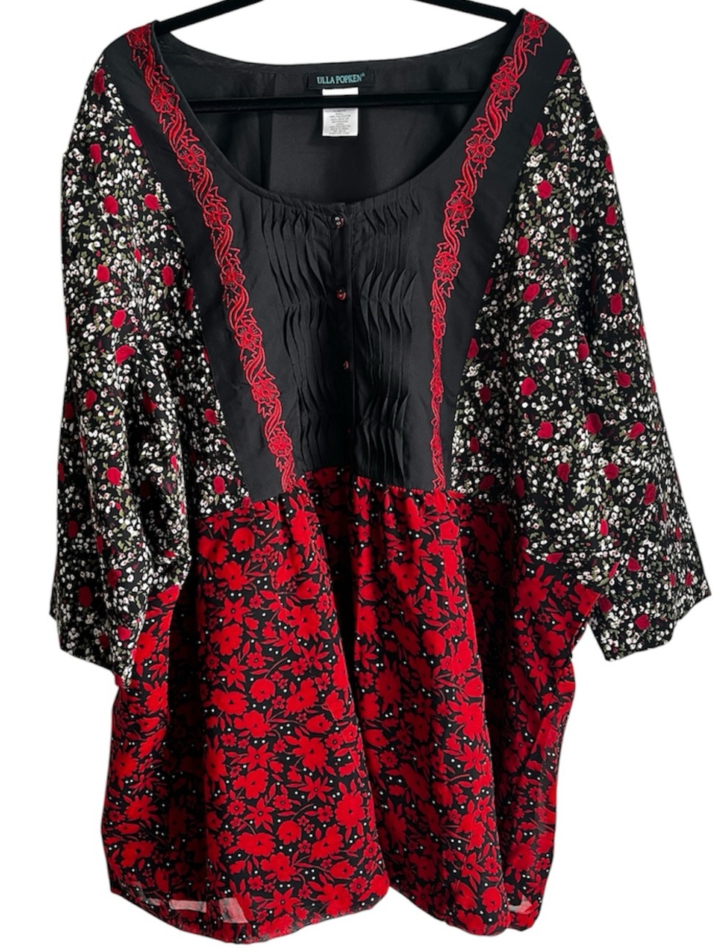 Ulla Popken Red Black Mixed Floral Print Peasant A Line Tunic Plus Size 28/30